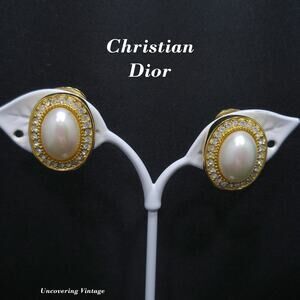 Christian Dior Faux Pearl Rhinestone Clip Earrings, Gold Plated, 1980s Vintage